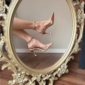 Nina Satin Pointed-Toe Ankle-Strap Heels in Blush Rose